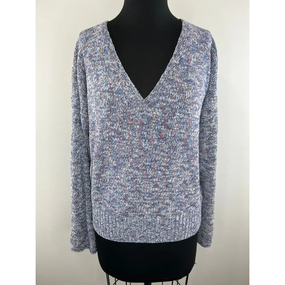 J Crew Blue Purple Marled Knit Flare Sleeve V-Neck Cotton Blend Sweater Size L